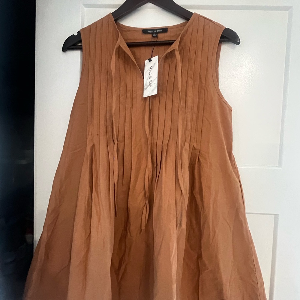 Strut! Brown Mini Dress with Mandarin Collar and Pleated Style